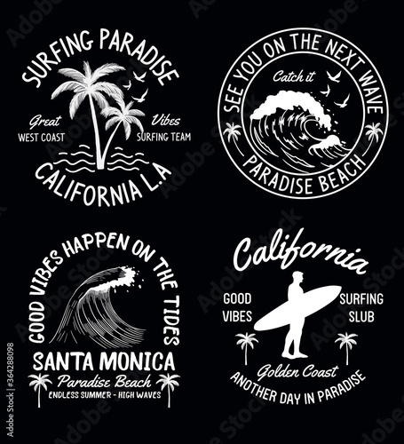 Set of surfing and summer theme vector badges for t-shirt prints and other uses.