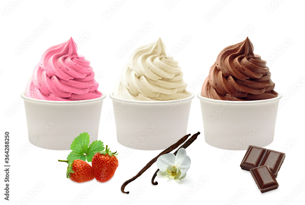 Strawberry frozen yogurt in glass bowl, ice cream balls, container