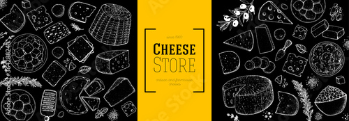 Cheese design template. Hand drawn sketch. Retro food background. Different cheese kinds banner. Dairy farm products cheese.