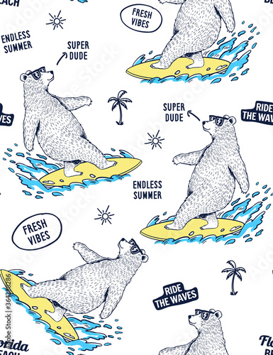 Cool surfer bear with slogan text seamless pattern for t-shirt prints and other uses.