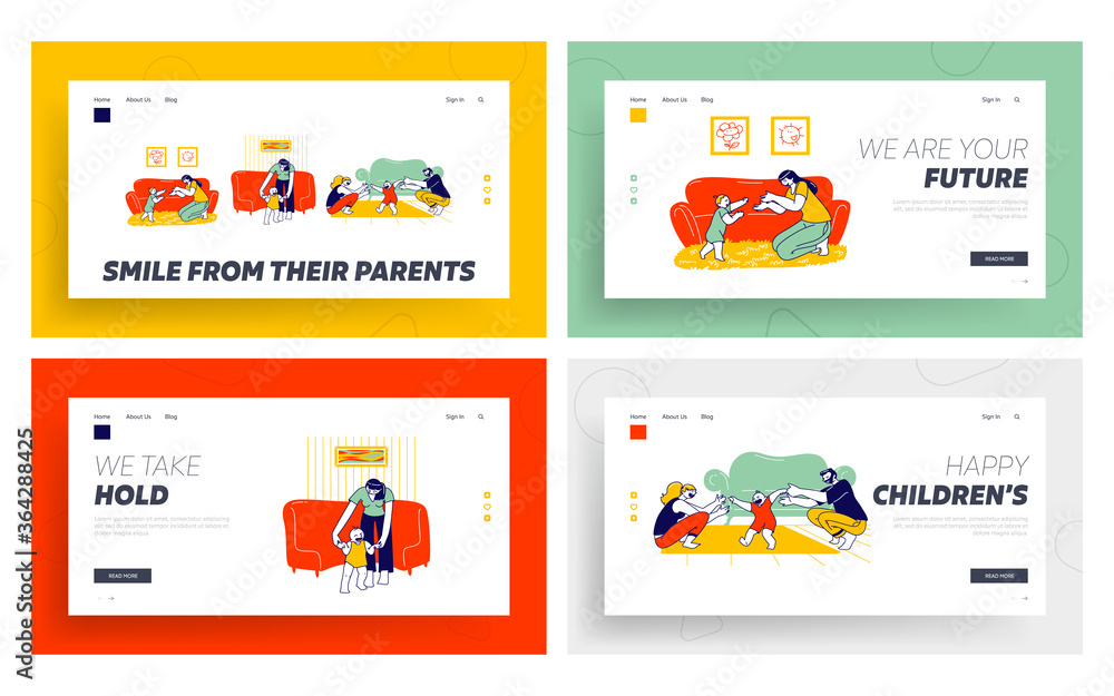 Baby First Step Landing Page Template Set. Mother and Father Characters Help to Child Walking. Parents Catch Little Kid Sit on Floor. Mom Holding Kids Hands to Walk. Linear People Vector Illustration