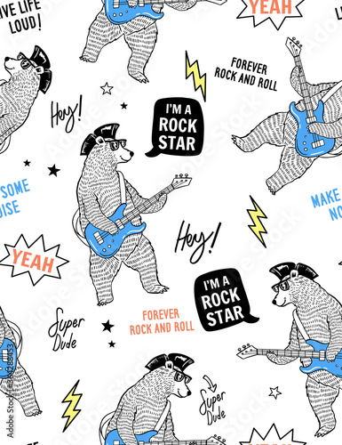 Cool rock star bear playing guitar with slogan text seamless pattern for t-shirt prints and other uses.