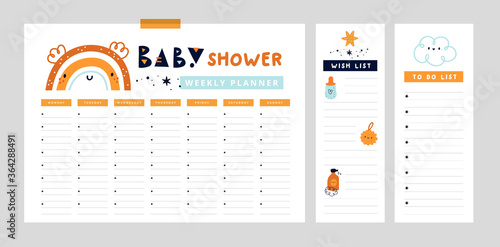 Baby shower. Planner for mom. Weekly planner, wish list, to do list in cartoon flat style with cute rainbow. Set of digital prints. 