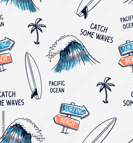 Hand drawn vector seamless pattern. Surfboards palm trees, waves and slogan texts.