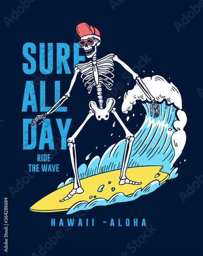 The Surfer skeleton illustration the with big wave. For t-shirt print and other uses.