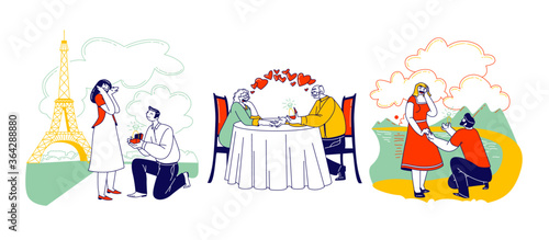 Young and Senior Characters Proposing Ring. Man Stand on Knee Hold Girl Hand Make Proposal Ask Marry in Beautiful Park, Paris or Restaurant. Love Engagement Marriage. Linear People Vector Illustration