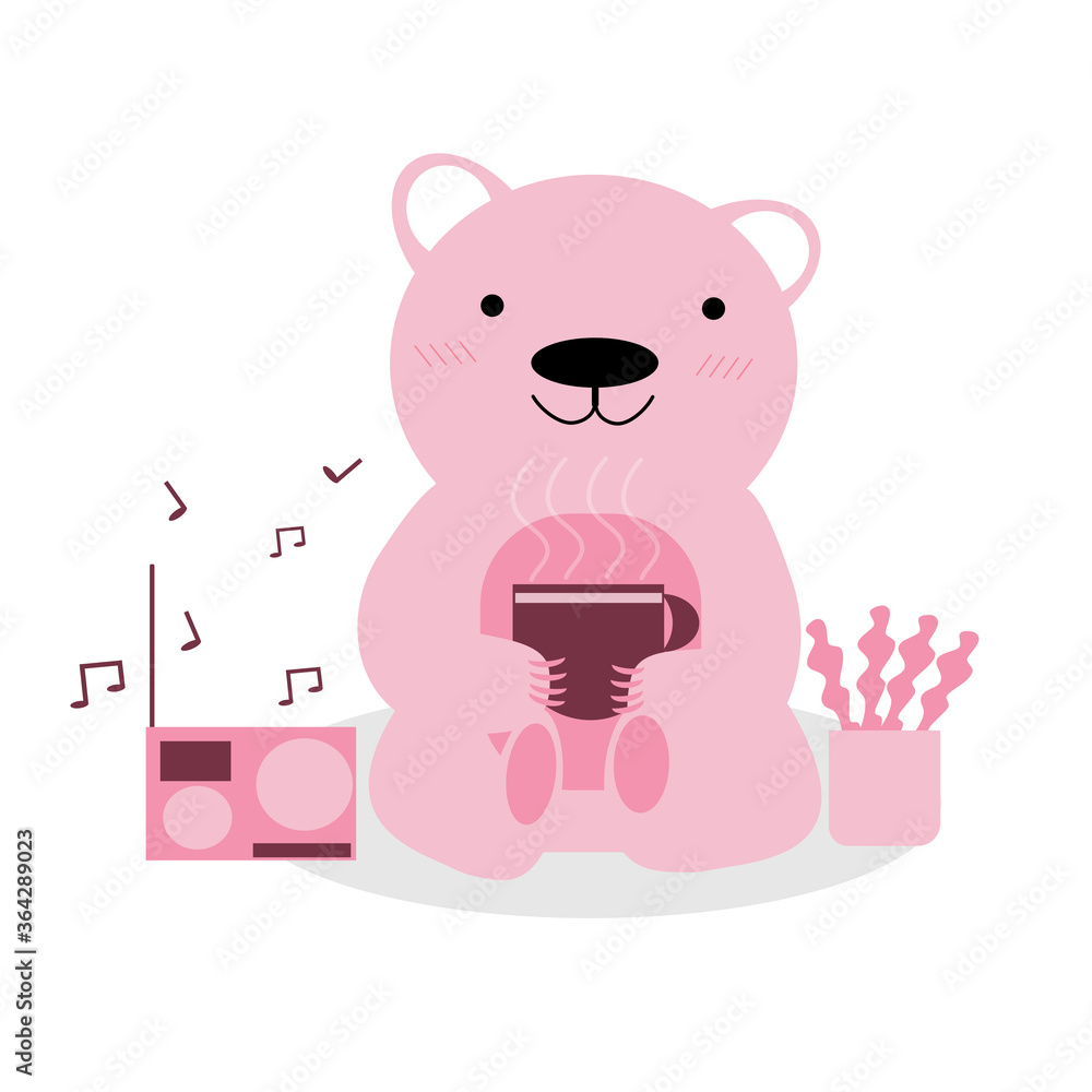 Fototapeta premium teddy bear with pink heart Take a cup of coffee