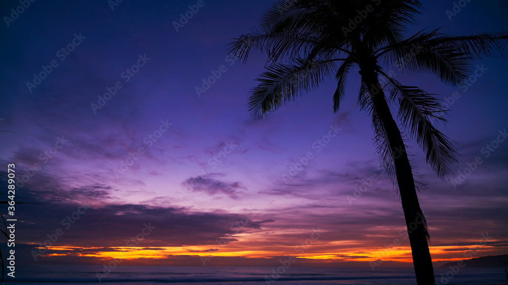 Beautiful sunset or sunrise with silhouette palm tree on tropical island.
