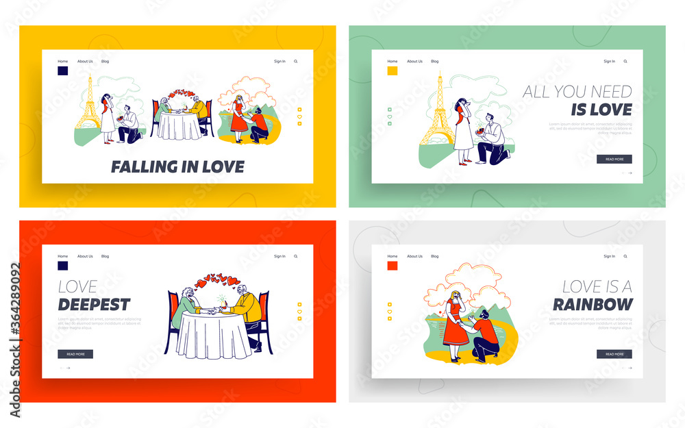 Young, Senior Characters Proposing Ring Set. Landing Page Template. Man Stand on Knee Make Proposal Ask Marry in Park, Paris or Restaurant. Love Engagement Marriage. Linear People Vector Illustration