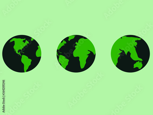 Green world map. Set of three globes. Set of world globes isolated on green background. Vector illustration of three world maps. USA, Africa, Asia, North America and South America.