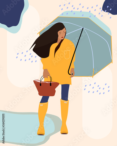 Girl in a yellow raincoat or slicker,rubber boots.She standing in the rain, holds an umbrella. Autumn weather,puddle underfoot.Stylish handbag.Vector for decorating a boutique with clothes,advertising