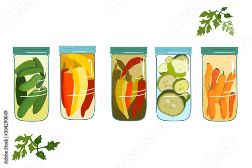 Marinade jars.Autumn harvesting. Pickles,chili peppers,carrots with spices and zucchini slices in a glass bowl with a lid.Vector isolated on a white background, parsley around.For cafe menu,website