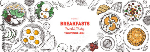 Breakfast, brunch sketch design elements, top view food. Morning food menu design. Breakfasts and brunches dishes collection. Vintage hand drawn sketch, vector illustration. Engraved style.