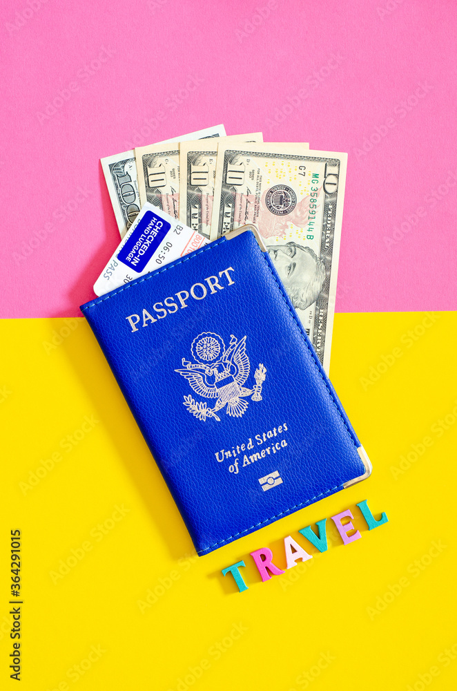United States passport with us dollars and airplane ticket, tourism concept. United States passport with us dollars and airplane ticket, tourism concept.