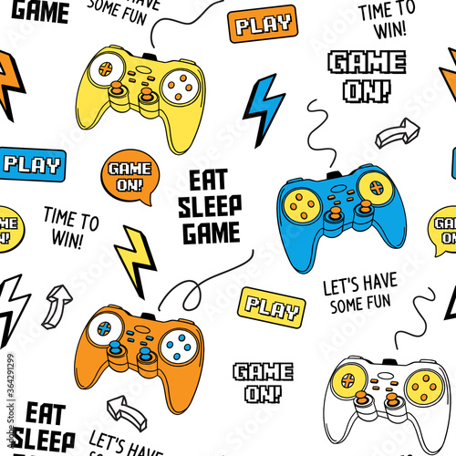 Vector Seamless pattern with joysticks gamepad  illustration and slogan text, for t-shirt prints and other uses.
