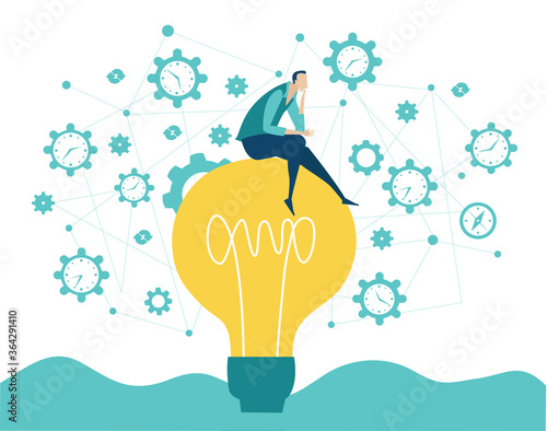 Businessman sits at light bulb. Creative thinking. Business concept illustration