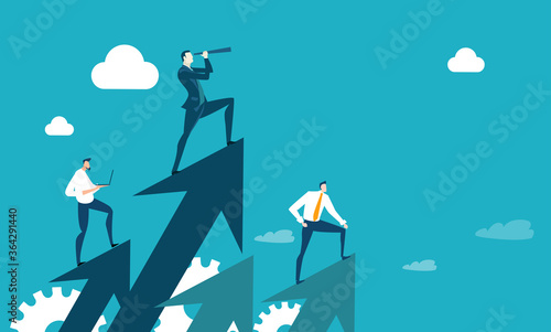 Successful businessman and his team standing at arrows and looking with the telescope for new business opportunities. New business, start up Business concept illustration