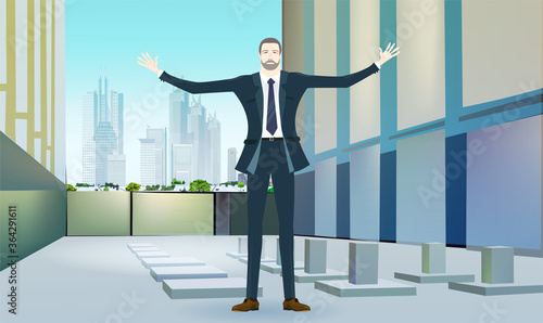 Businessman with wide open arms welcoming people in office. Business concept illustration