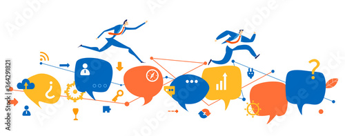 Business people running towards the success. People running over others opinion, over speech bubbles. Business concept illustration