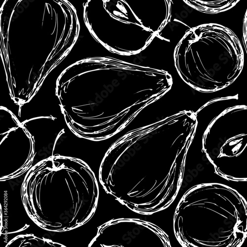seamless pattern, apples and pears in monochrome colors, background with fruit in doodle style, ornament for wallpaper and fabrics, scrapbooking paper