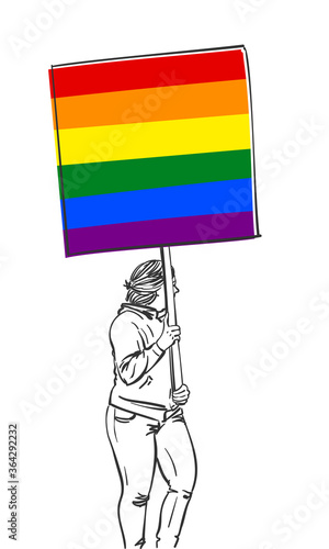Woman walking with LGBT gay pride banner. Vector sketch, Hand drawn illustration