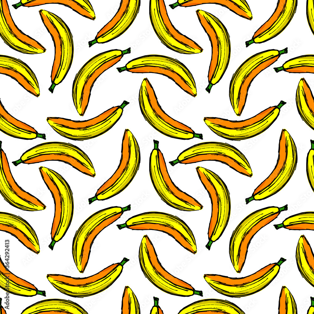 seamless pattern, bananas in bright colors, background with fruit in doodle style, ornament for wallpaper and fabrics, scrapbooking paper