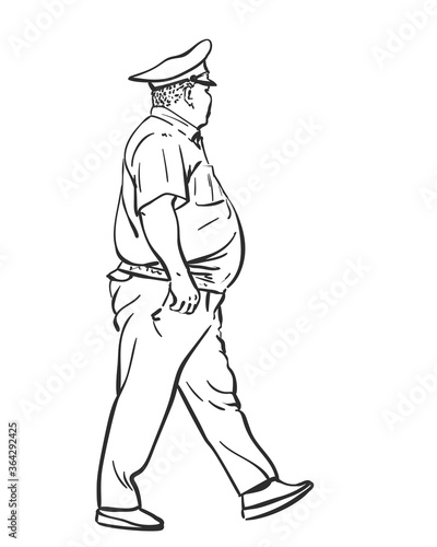 Kazakhstan police officer plus-size overweight with big stomach  Vector sketch  Hand drawn line illustration. View from side