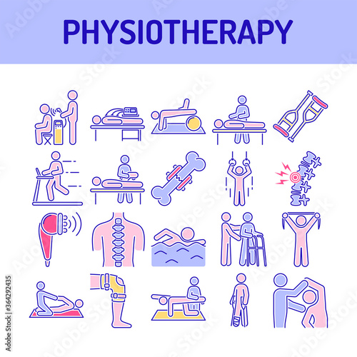 Physiotherapy line color icons set. Rehabilitation, therapy concept. Injury treatment. Isolated vector element. Outline pictograms for web page, mobile app, promo.