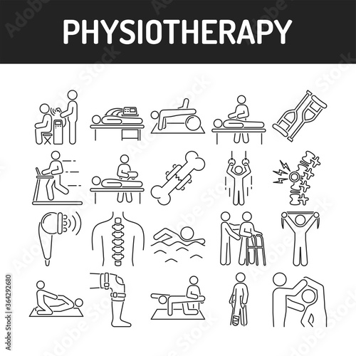 Physiotherapy line black icons set. Rehabilitation, therapy concept. Injury treatment. Isolated vector element. Outline pictograms for web page, mobile app, promo.