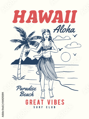 Hawaii, Aloha girl dancing at the beach. Vector graphics for t-shirt prints and other uses.