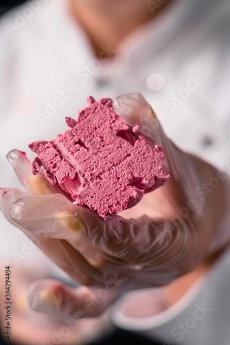 The process of making zephyr marshmallow at pastry shop kitchen.