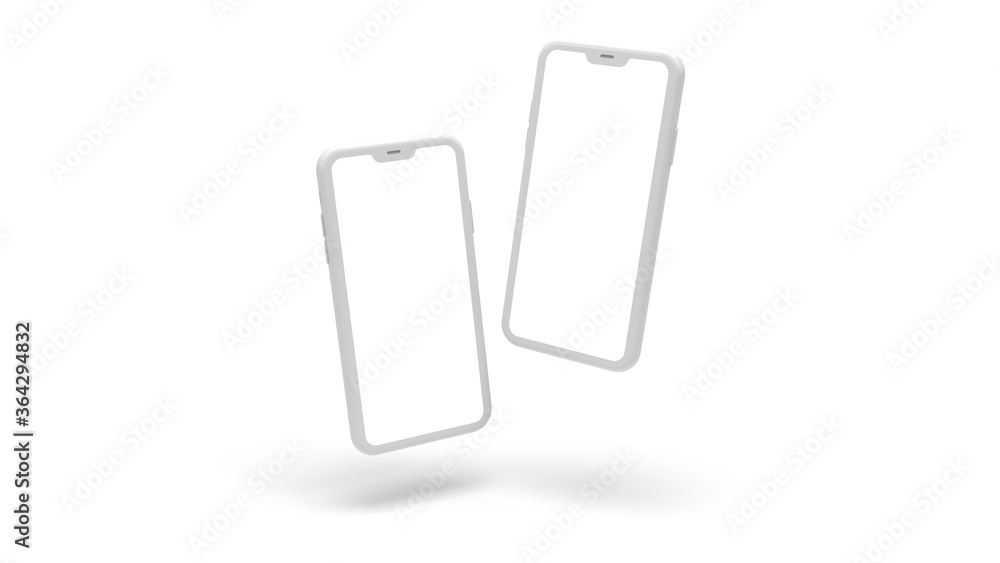 White cell phones floating on white background rendering White cell phones floating on white background rendering