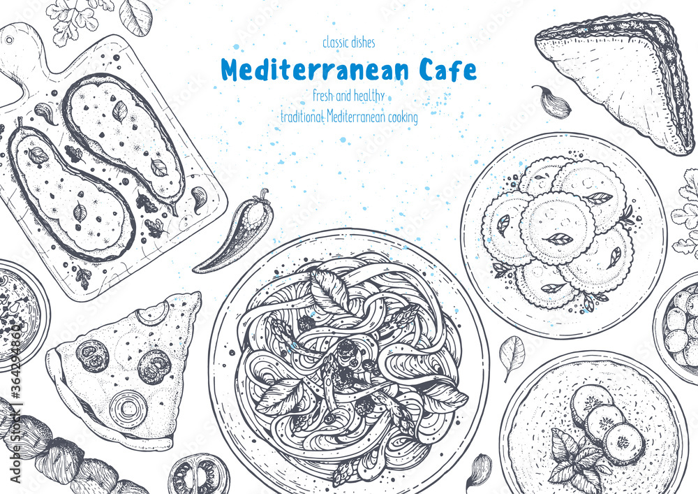 Mediterranean cuisine top view frame. A set of mediterranean dishes ...