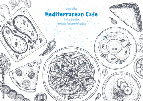 Mediterranean cuisine top view frame. A set of mediterranean dishes. Food menu design template. Vintage hand drawn sketch. Vector illustration. Food collection.