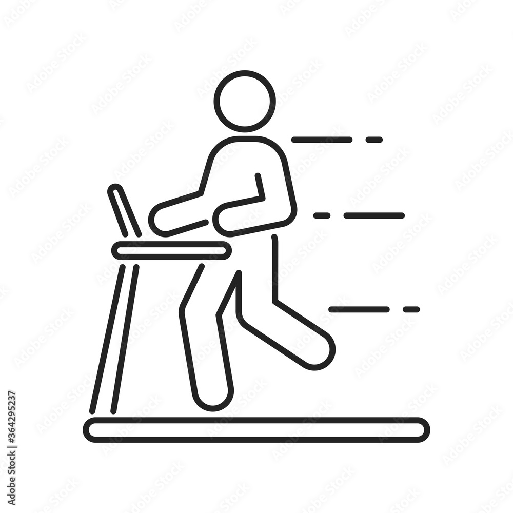 Man running on a treadmill black line icon. Cardio workout. Isolated vector element. Outline pictogram for web page, mobile app, promo. Man running on a treadmill black line icon. Cardio workout. Isolated vector element. Outline pictogram for web page, mobile app, promo.