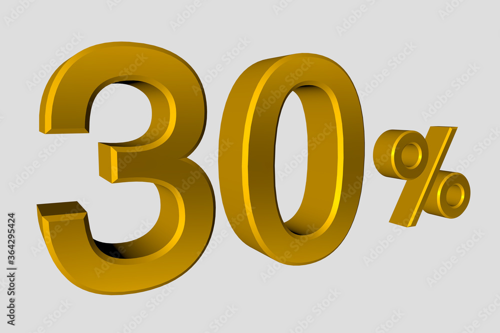 The inscription is 30% of realistic 3D numbers in gold metalic color. Illustration of a thirty percent discount or sale for advertising poster, banner advertising and more. 3d render. The inscription is 30% of realistic 3D numbers in gold metalic color. Illustration of a thirty percent discount or sale for advertising poster, banner advertising and more. 3d render.