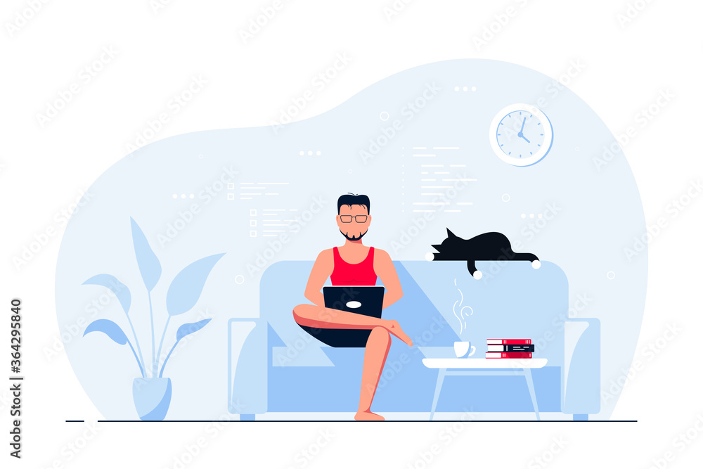 Young man at home sitting in sofa and working on computer. Young man at home sitting in sofa and working on computer.