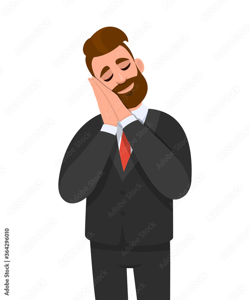 Young businessman standing and sleeping with hands together while closed eyes. Stylish person in tired and dreaming pose. Relax and sleep time. Male character illustration in vector cartoon style. Young businessman standing and sleeping with hands together while closed eyes. Stylish person in tired and dreaming pose. Relax and sleep time. Male character illustration in vector cartoon style.