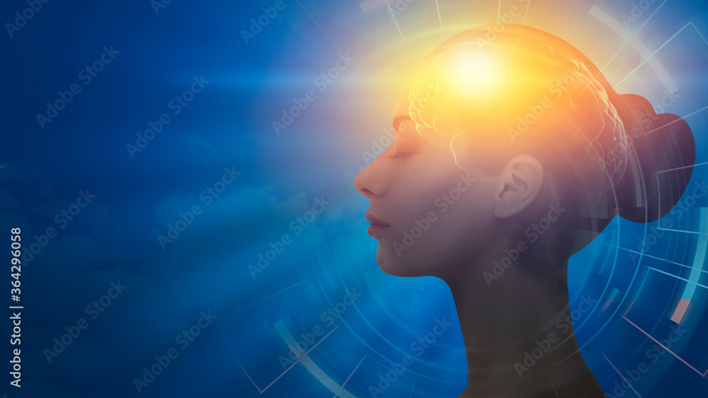 Profile Female Portrait With Illuminated Brain Over Blue Background, Collage Profile Female Portrait With Illuminated Brain Over Blue Background, Collage