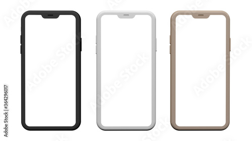 Colored cell phones isolated on a white background. Front View.