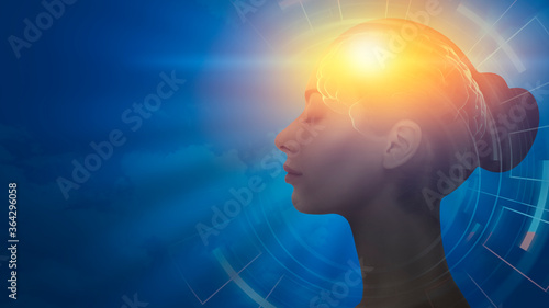 Profile Female Portrait With Illuminated Brain Over Blue Background, Collage photo