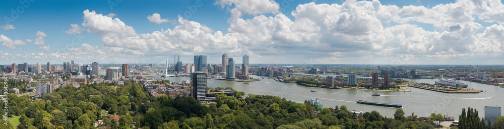 Naklejka premium Rotterdam panorama skyline with Erasmus bridge from the Euromast tower, Aerial view of Rotterdam, The Netherlands