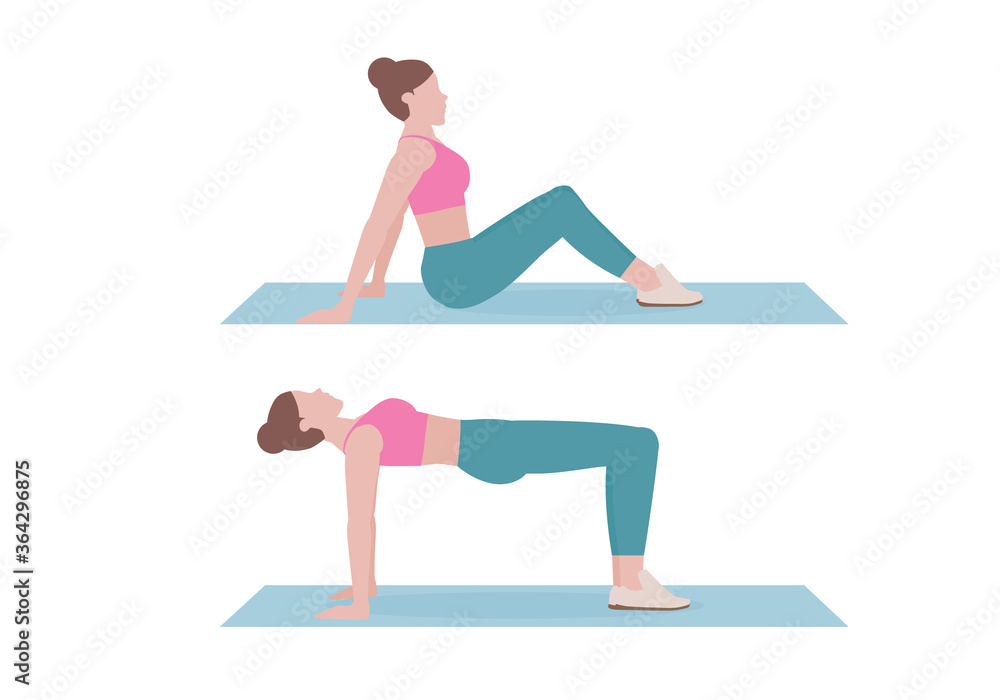 Woman doing exercises. Step by step instruction for doing  Reverse Plank Bridge. stretching key muscles like your pectoral muscles and the muscles in your neck. Fitness and health concepts.