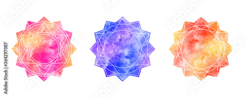 Set of watercolor vector geometric  mandala illustrations. Polygonal star shape round frames. Watercolour texture with colorful stains background. Sacred geometry, graphic design elements collection.