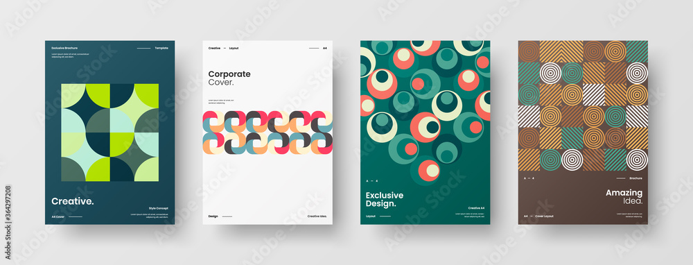 Company identity brochure template collection. Business presentation vector A4 vertical orientation front page mock up set. Corporate report cover abstract geometric illustration design layout bundle.