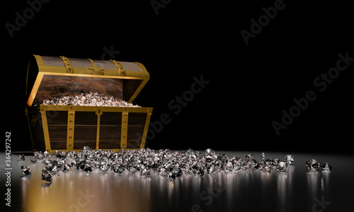 Many diamonds in golden vintage treasure chest and falling down to the ground use for Gem storage box concept. Treasure on black background and reflection on floor. 3D Render.