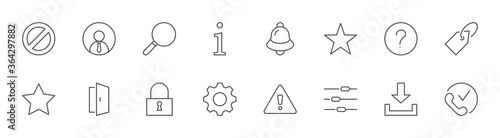 Interface Line Icons. User, Search Info, Star, Bell, Lock Alert. Editable Stroke