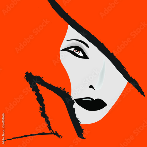 The face of a beautiful woman peers out from an orange background in a minimalist fashion and beauty illustration.