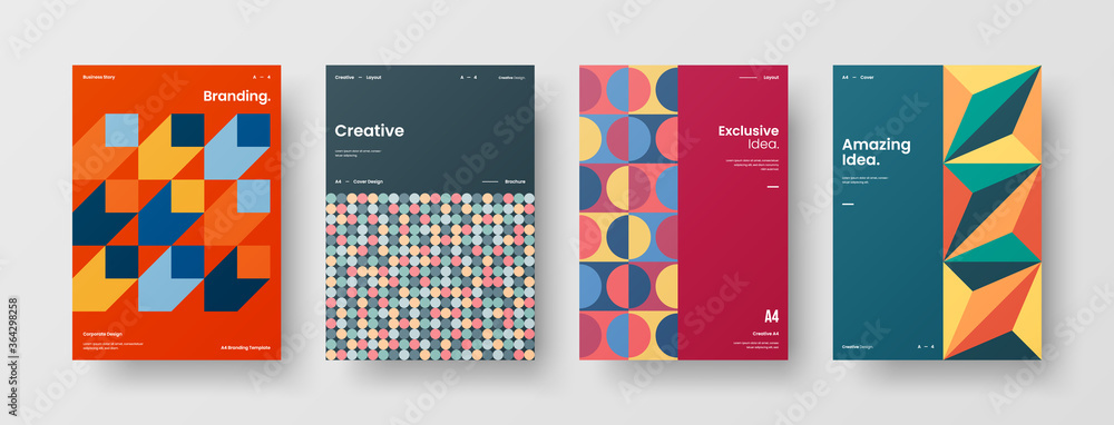 Company identity brochure template collection. Business presentation vector A4 vertical orientation front page mock up set. Corporate report cover abstract geometric illustration design layout bundle.