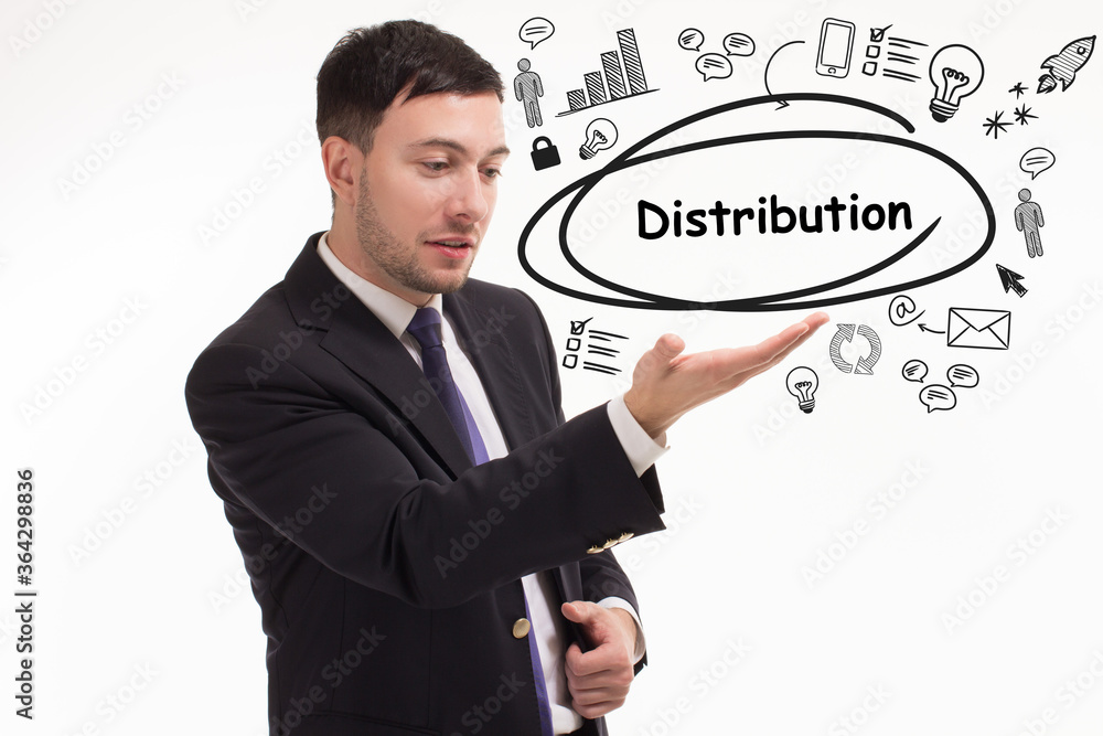 Business, technology, internet and network concept. Young businessman thinks over the steps for successful growth: Distribution Business, technology, internet and network concept. Young businessman thinks over the steps for successful growth: Distribution